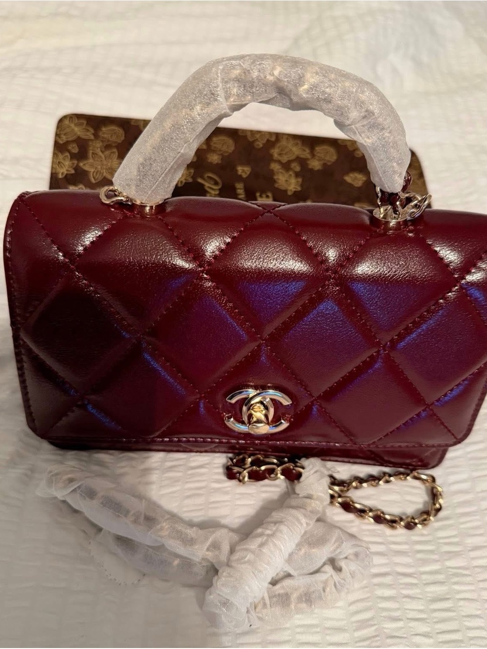 Quilted Burgundy Leather Top-Handle Crossbody Bag with Chain Strap